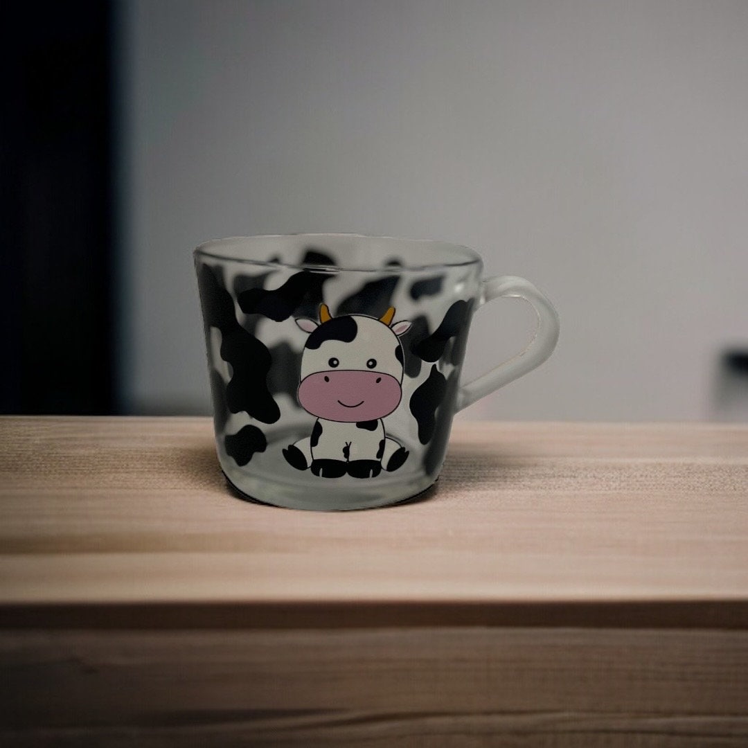 Cute Cow Glass Mug, glass mug with cow print can be personalised