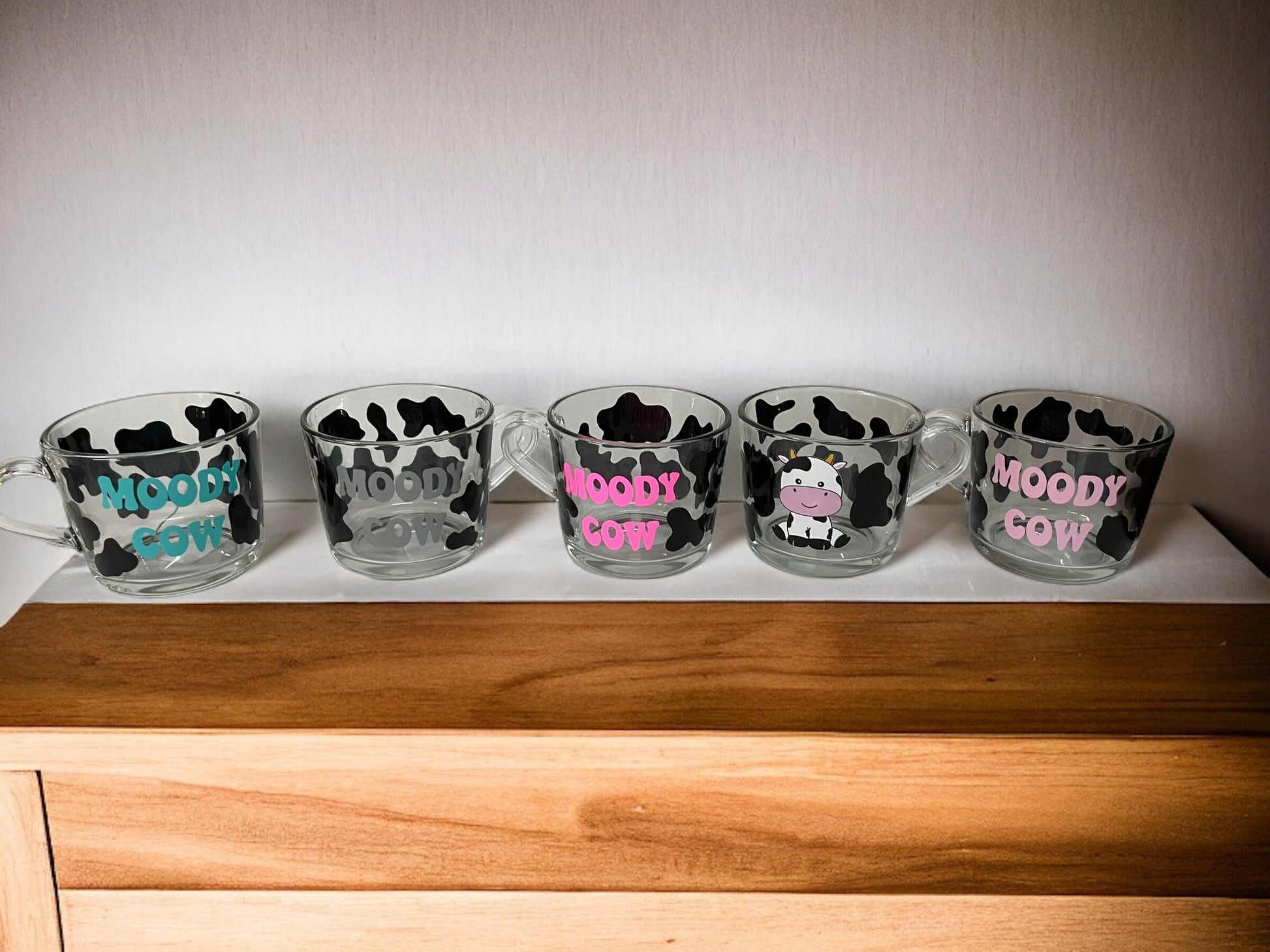 Cute Cow Glass Mug, glass mug with cow print can be personalised