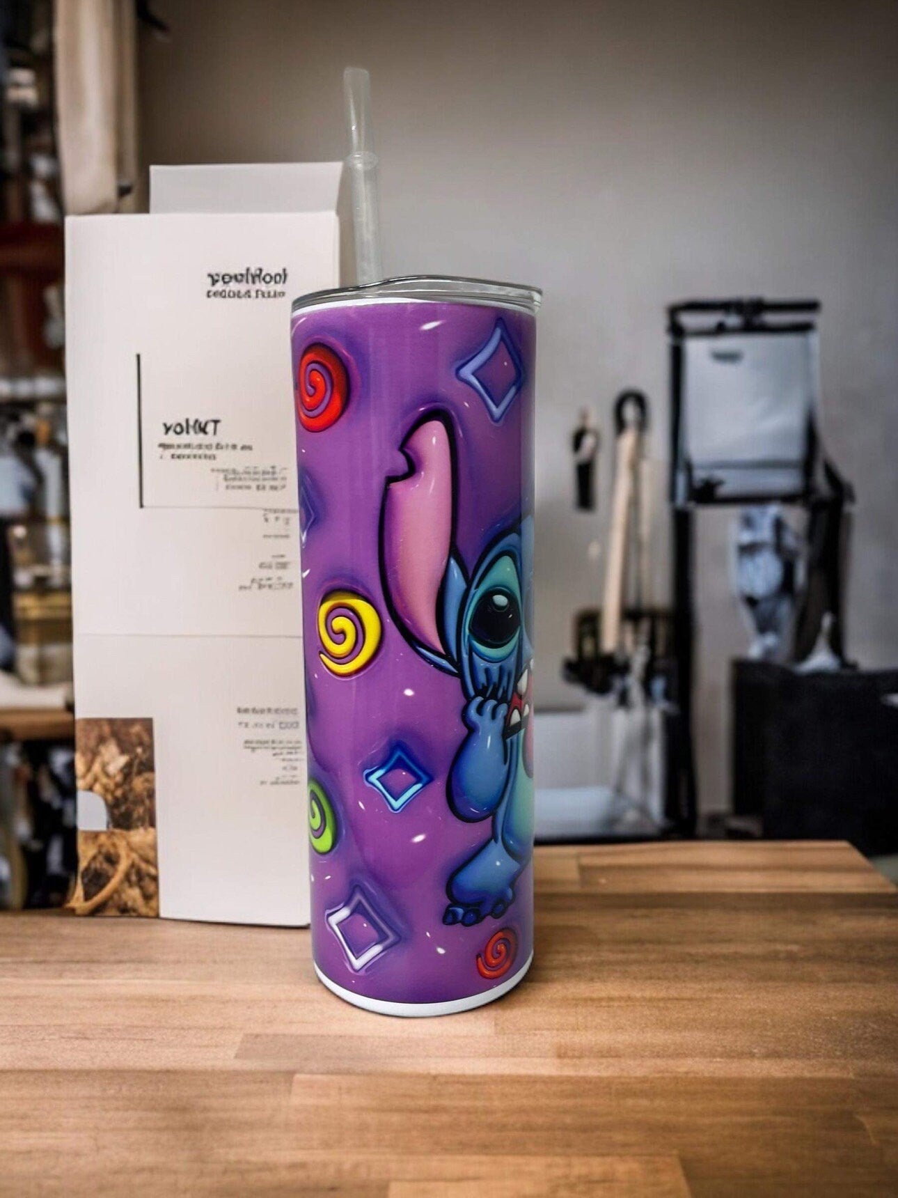 Hallucinogenic style Stitch 20oz Stainless Steel Skinny tumbler with straw.