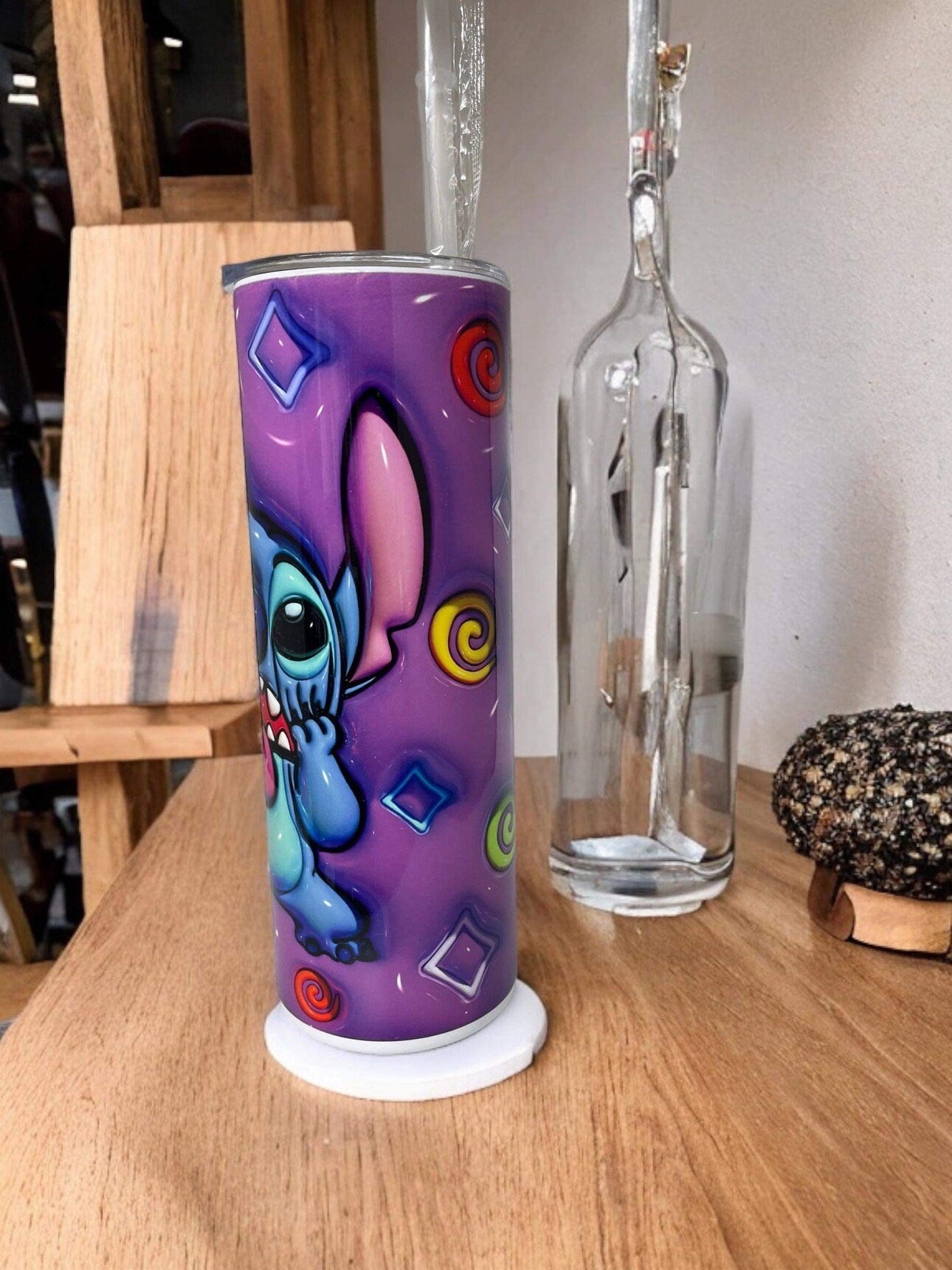 Hallucinogenic style Stitch 20oz Stainless Steel Skinny tumbler with straw.