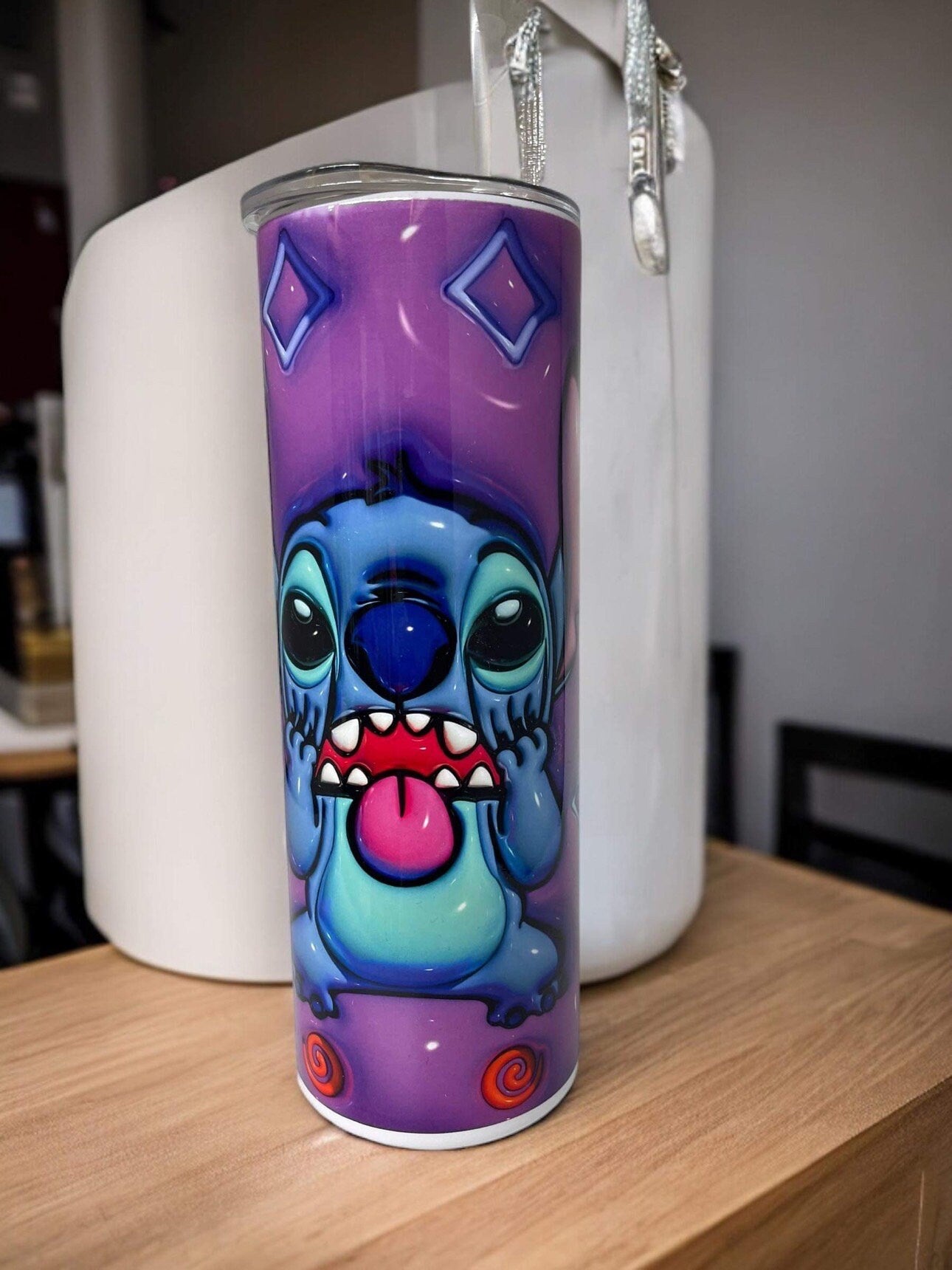 Hallucinogenic style Stitch 20oz Stainless Steel Skinny tumbler with straw.