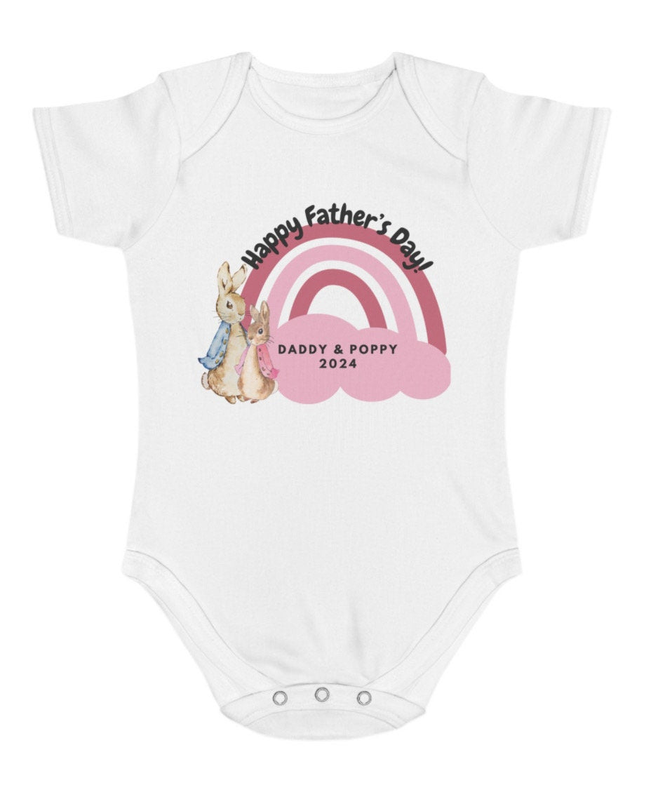 Peter rabbit/ Flopsy Rabbit happy  Father’s Day rainbow baby grow pink or blue