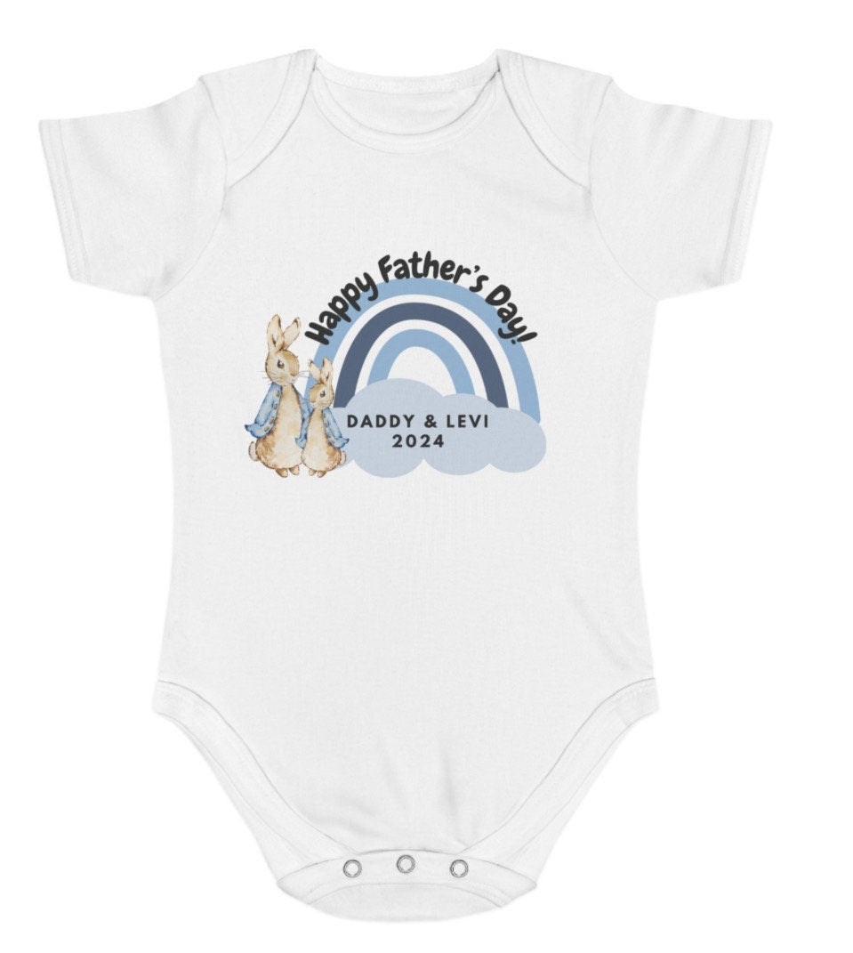 Peter rabbit/ Flopsy Rabbit happy  Father’s Day rainbow baby grow pink or blue